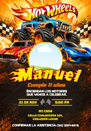 Invitación de Cumpleaños Hot Wheels Monster Trucks con Foto Editable