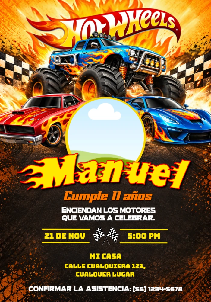 Invitación de Cumpleaños Hot Wheels Monster Trucks con Foto Editable Invitación de Cumpleaños Hot Wheels Monster Trucks con Foto Editable