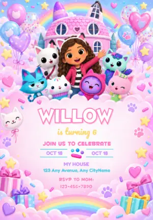 Gabby's Dollhouse Birthday Invitation in a Magical Wonderland