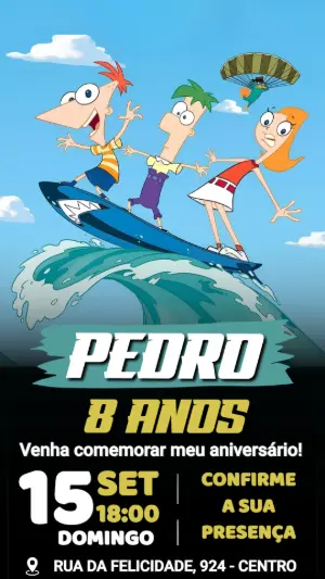 Convite de Aniversário Phineas e Ferb para Editar Online