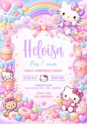 Convite de Aniversário Hello Kitty Doces para Editar