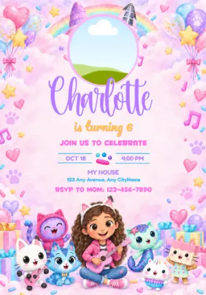 Gabby's Dollhouse Watercolor Birthday Invite with Photo