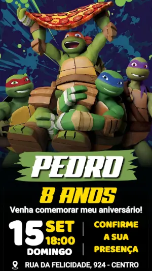 Convite de Aniversário As Tartarugas Ninja Editável para Festa