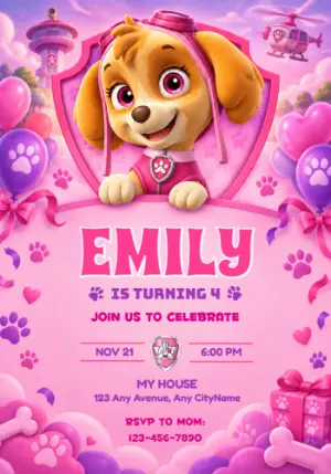 Editable Skye Paw Patrol Birthday Invitation with Helicopter