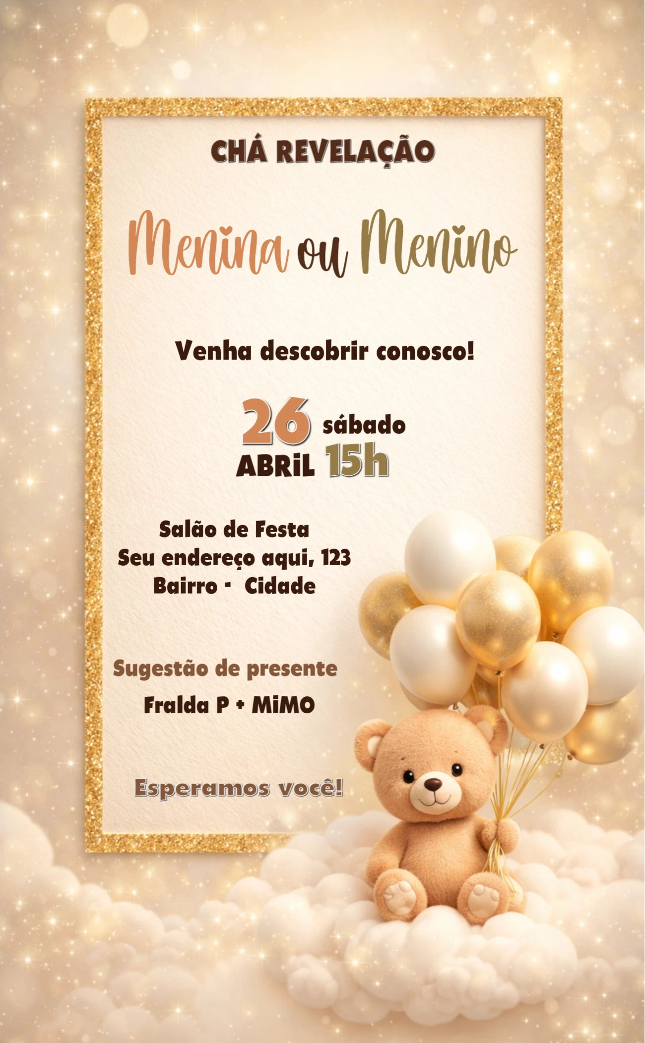 Convite Editável Chá Revelação Ursinho Dourado e Branco Convite Editável Chá Revelação Ursinho Dourado e Branco
