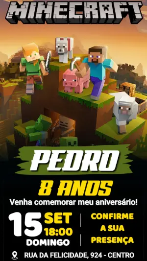 Convite de Aniversário Minecraft Editável para Festa Infantil