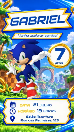 Convite de Aniversário Sonic Acelerando na Festa Editável