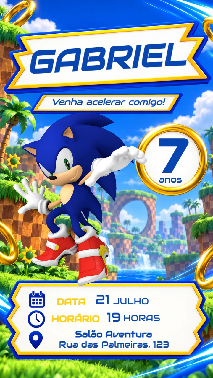 Convite de Aniversário Sonic Acelerando na Festa Editável Convite de Aniversário Sonic Acelerando na Festa Editável