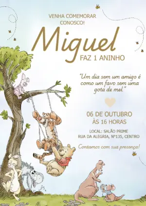 Convite de Aniversário Ursinho Pooh Aquarela para Editar