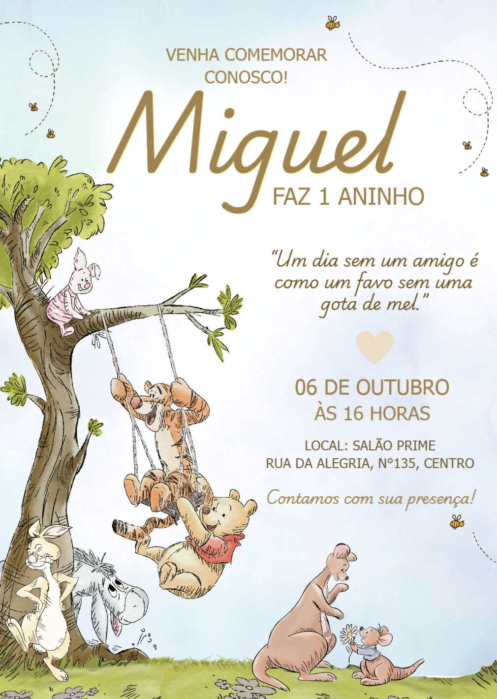 Convite de Aniversário Ursinho Pooh Aquarela para Editar Convite de Aniversário Ursinho Pooh Aquarela para Editar