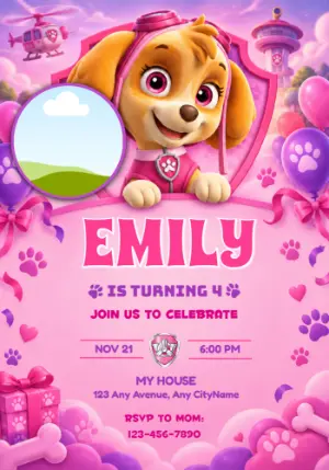 Skye Paw Patrol Birthday Invitation with Photo - Editable Model