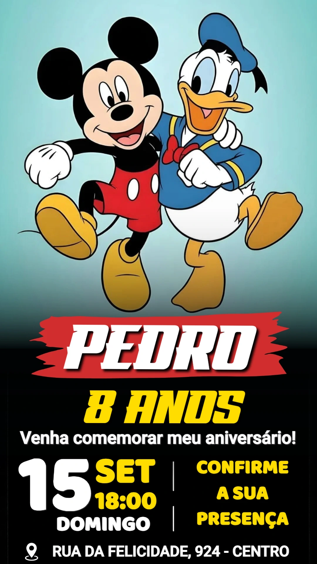 Convite de Aniversário Mickey e Pato Donald Editável Convite de Aniversário Mickey e Pato Donald Editável