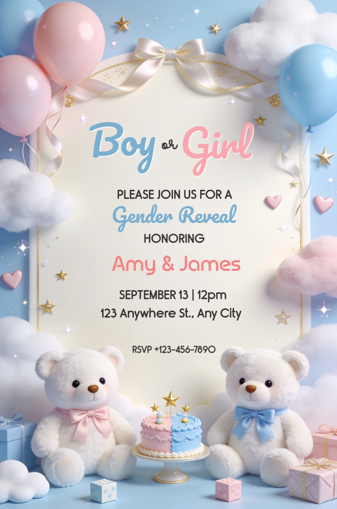 Cute Teddy Bear Gender Reveal Invitation Editable Template Cute Teddy Bear Gender Reveal Invitation Editable Template