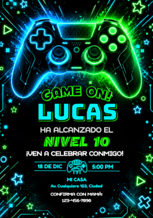 Invitación de Cumpleaños Gamer Neón para Editar