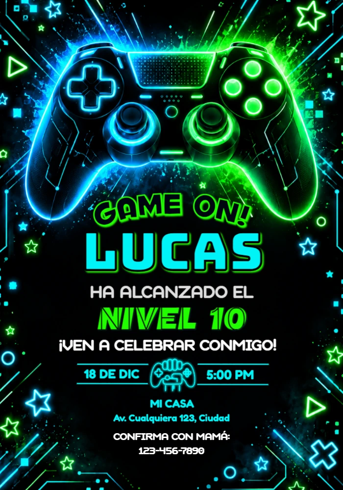 Invitación de Cumpleaños Gamer Neón para Editar Invitación de Cumpleaños Gamer Neón para Editar
