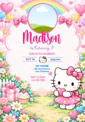 Hello Kitty Garden Party Birthday Invitation with Photo Editable
