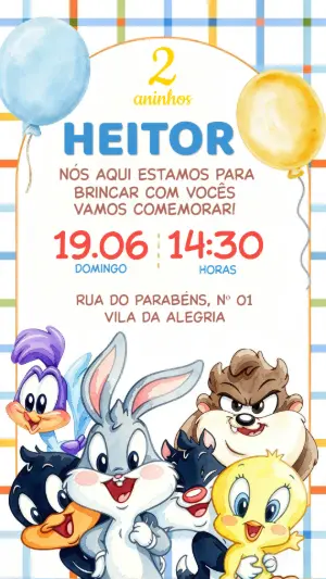 Convite de Aniversário Baby Looney Tunes Modelo Editável