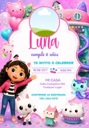 Invitación de La Casa Mágica de Gabby con foto para editar