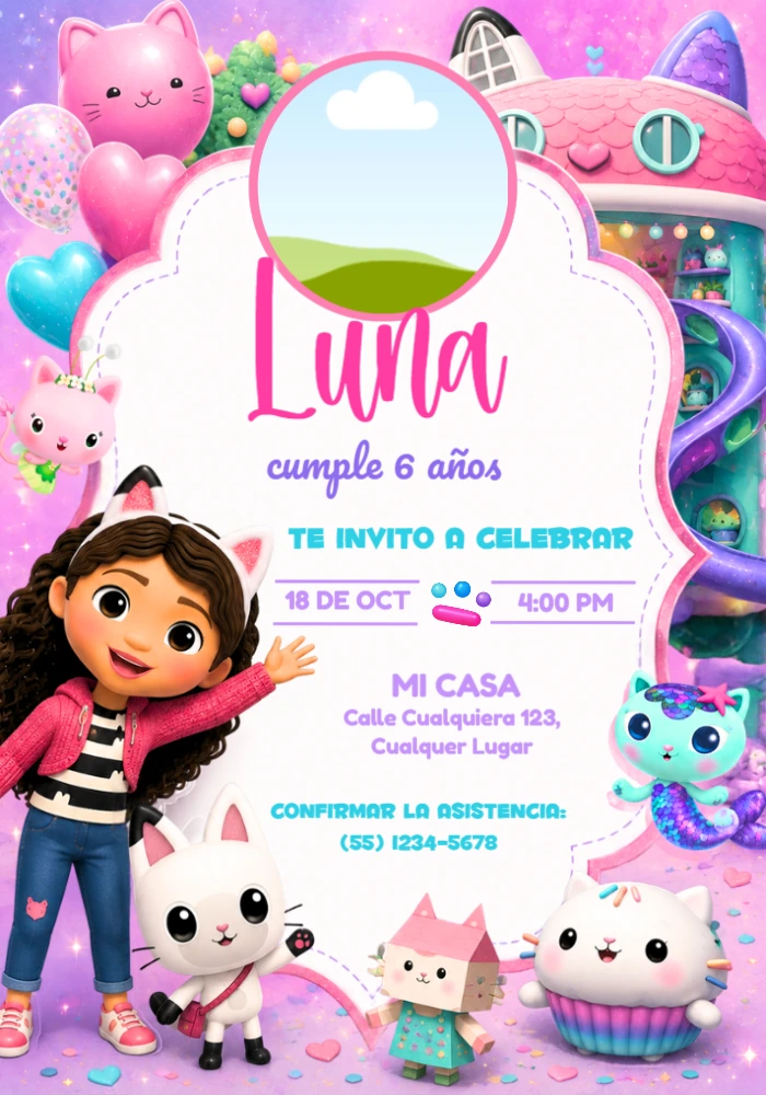 Invitación de La Casa Mágica de Gabby con foto para editar Invitación de La Casa Mágica de Gabby con foto para editar