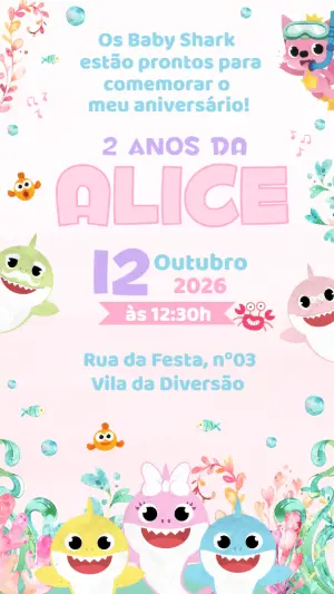 Convite de Aniversário Baby Shark Menina Editável