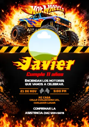 Invitación Cumpleaños Hot Wheels Monster Trucks en Llamas para Editar