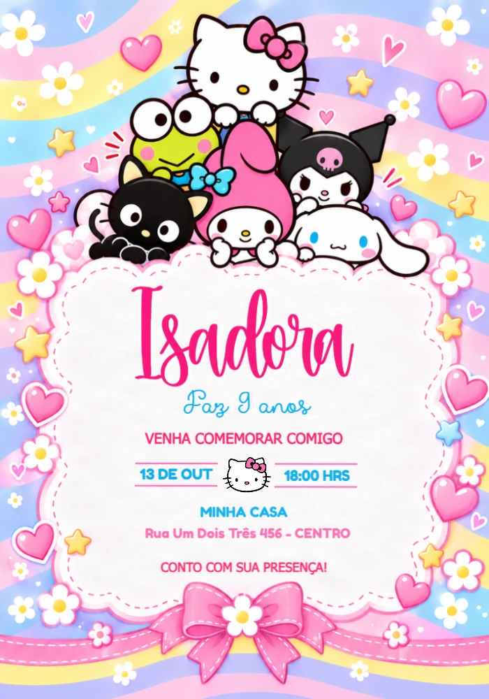Convite de Aniversário Hello Kitty e Turma Editável Convite de Aniversário Hello Kitty e Turma Editável