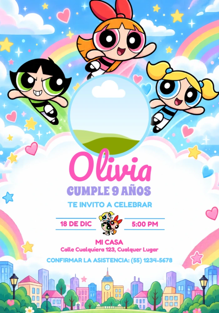 Invitación de Cumpleaños Las Chicas Superpoderosas con Foto Editable Invitación de Cumpleaños Las Chicas Superpoderosas con Foto Editable