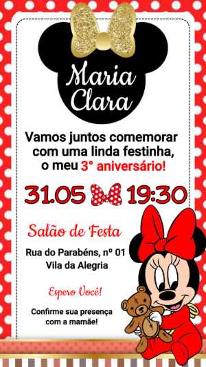 Convite de Aniversário Minnie Vermelha Baby Editável