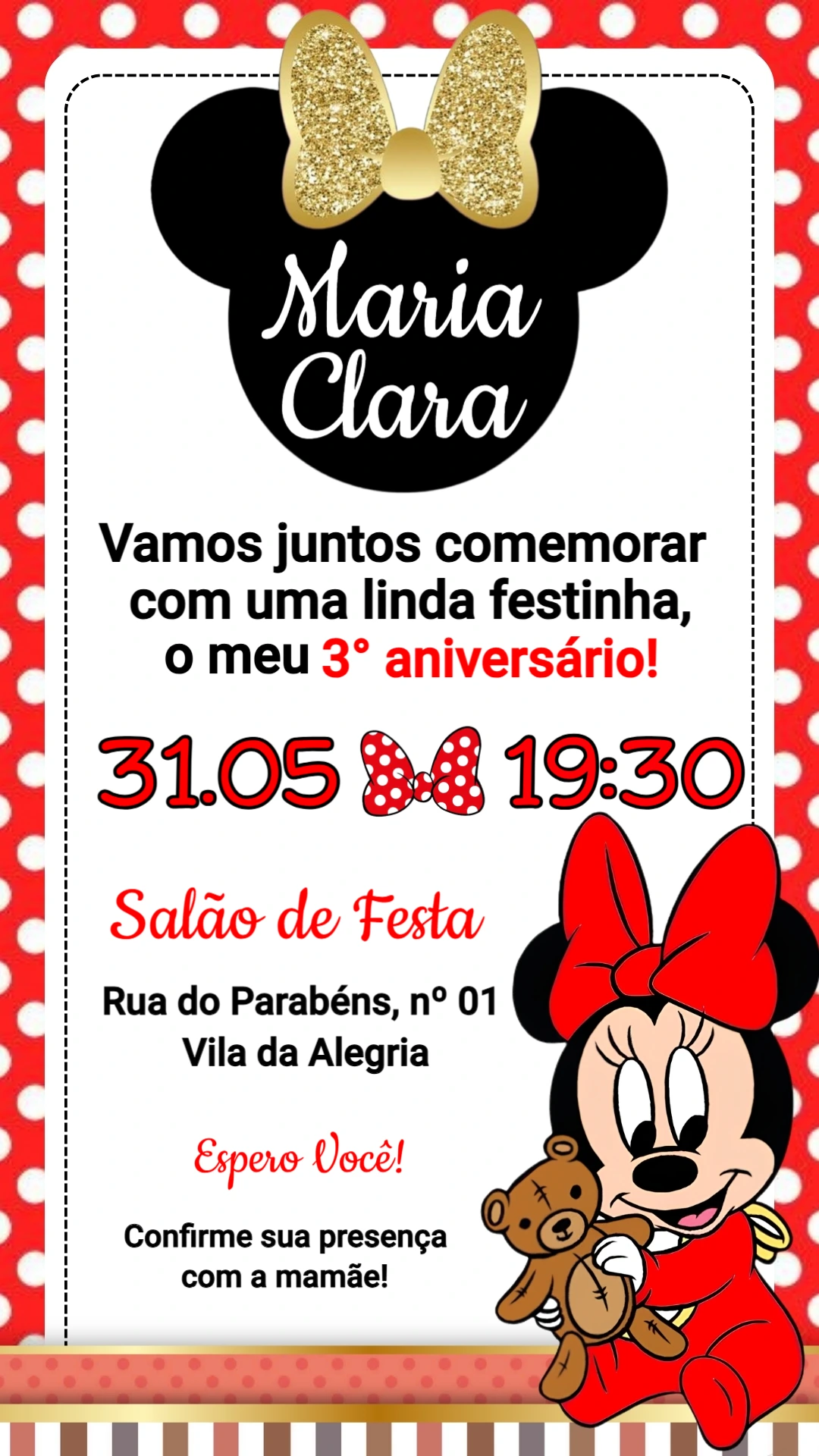 Convite de Aniversário Minnie Vermelha Baby Editável Convite de Aniversário Minnie Vermelha Baby Editável