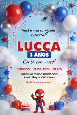 Convite de Aniversário Homem-Aranha Editável para Festa Infantil