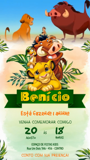 Convite Animado Rei Leão Aquarela para Aniversário Editável