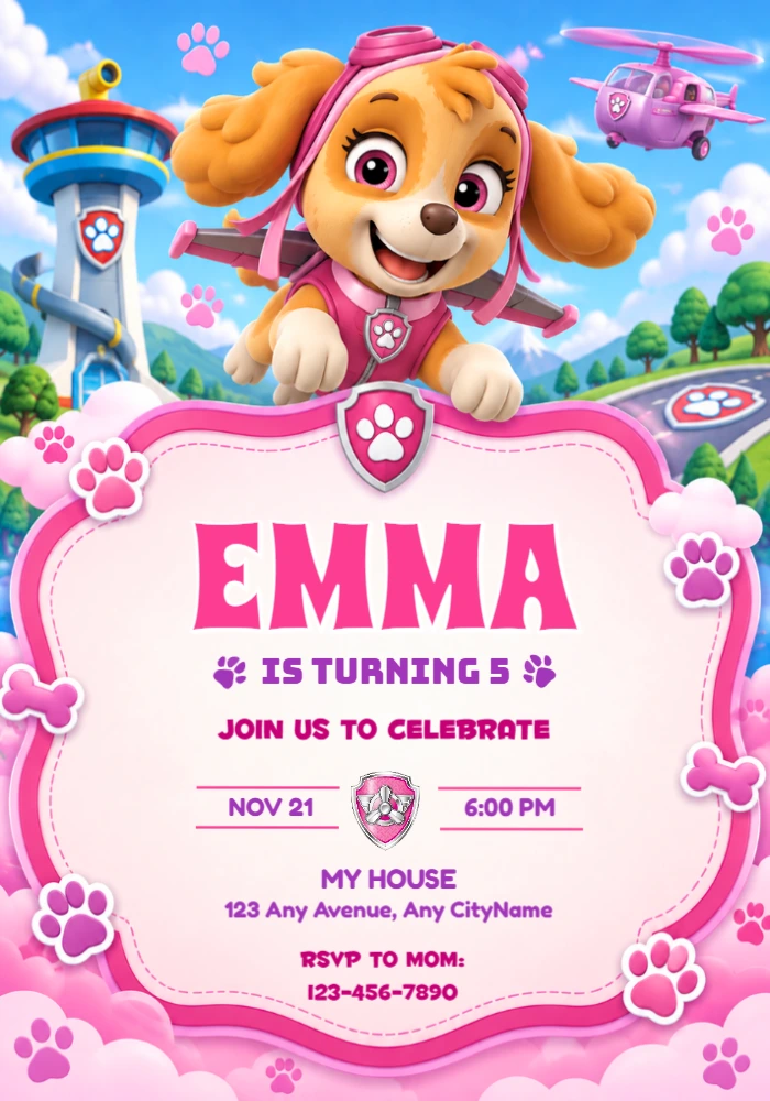 Skye Paw Patrol Birthday Invite | Flying High Editable Template Skye Paw Patrol Birthday Invite | Flying High Editable Template