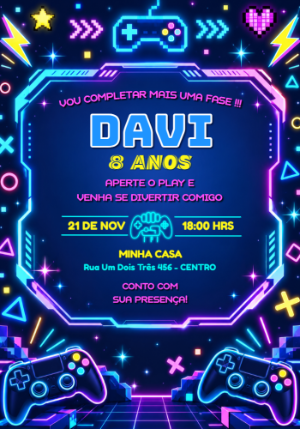 Convite de Aniversário Gamer Neon Editável para Celular
